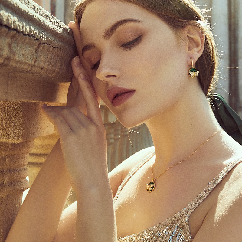 Dây chuyền/ Khuyên tai Bamoer bằng bạc 925 mặt ong đính đá Malachite thời trang cho nữ