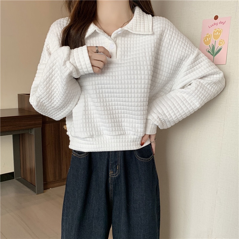 Áo sweater SUXI mỏng tay dài cổ polo dáng rộng màu sắc đơn giản thời trang xuân thu cho nữ