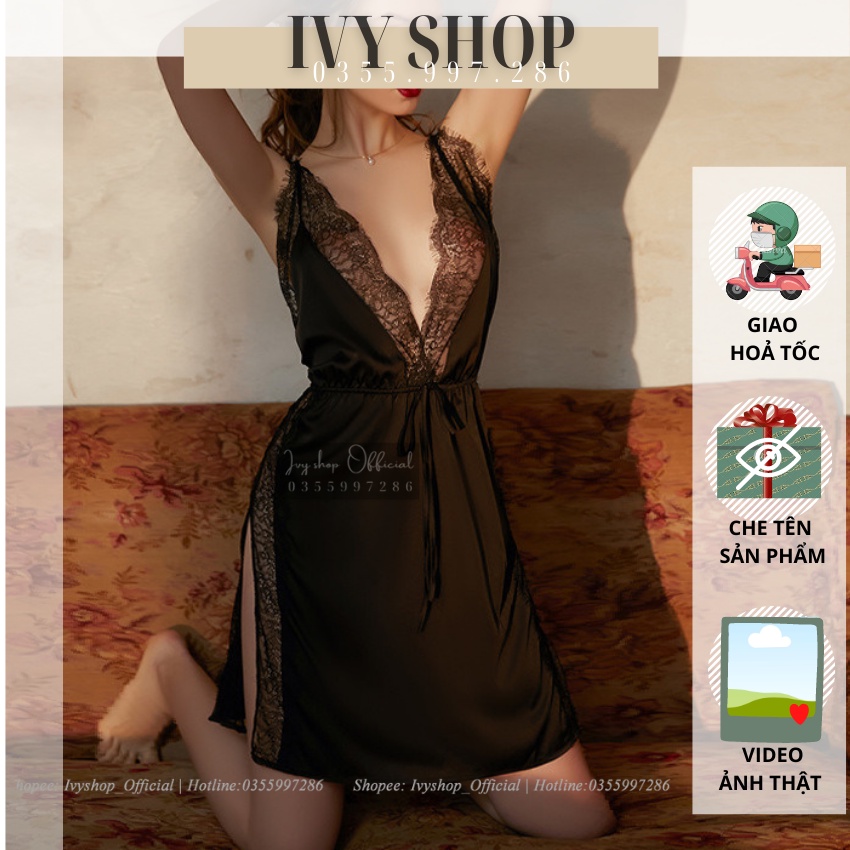 Đầm ngủ hai dây phi lụa phối ren xẻ tà hở lưng gợi cảm, váy ngủ nữ 2 dây cổ V cosplay sexy ren sườn rs1598 TKVN