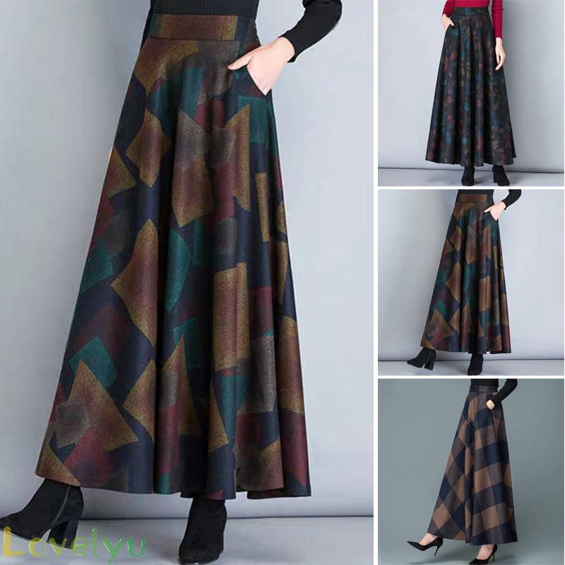 Chân váy nữ eo cao dáng rộng xếp ly họa tiết in phong cách retro