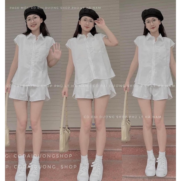 Set Đồ Nữ Trẻ Trung Năng Động♥️Bộ Áo Sơ Mi Cách Điệu Cổ Đức Tay Hến Kèm Quần Đùi Cạp Chun Cực Xinh