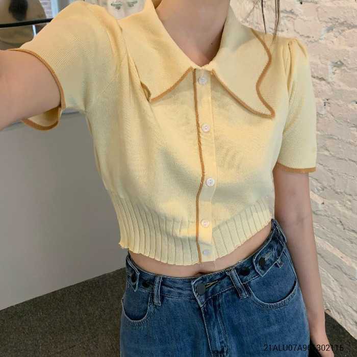 Áo Len nữ tay ngắn gài nút viền màu ulzzang thời trang nữ VM STYLE 21ALU07A961302