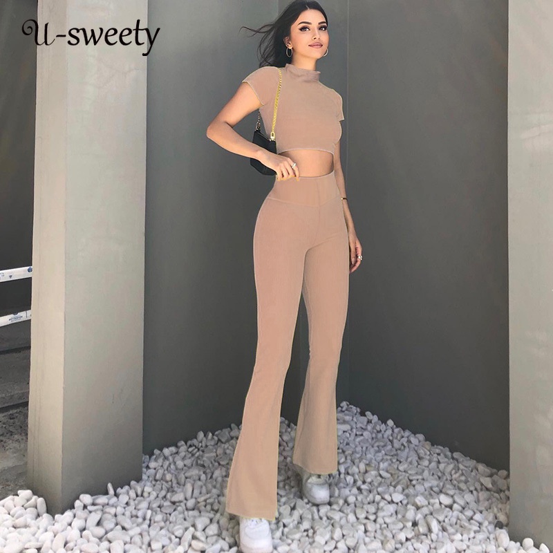 Set Áo Croptop Màu Sắc Đơn Giản Và Quần Dài Ống Rộng Thời Trang Cho Nữ