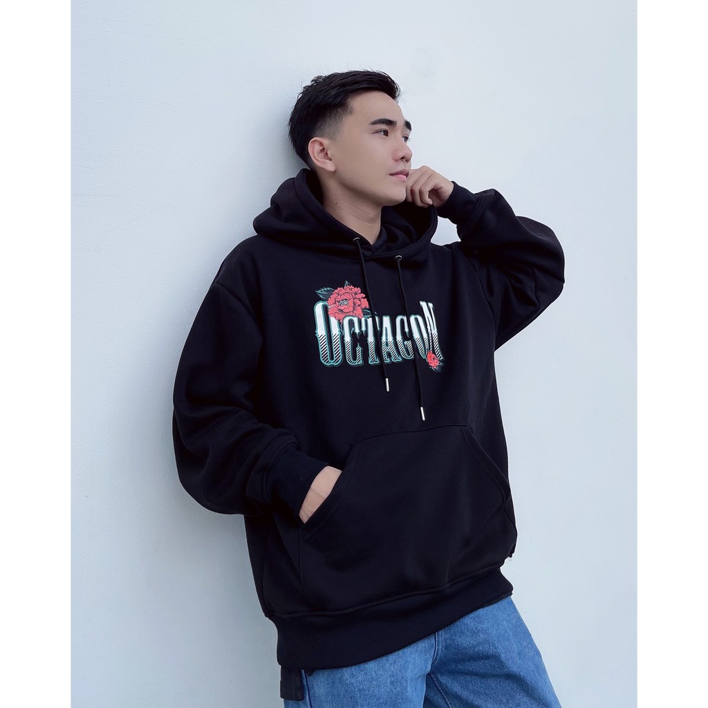 ÁO HOODIE OCTAGON BLOODY HELL MÀU ĐEN NỈ BÔNG FORM OVERSIZE