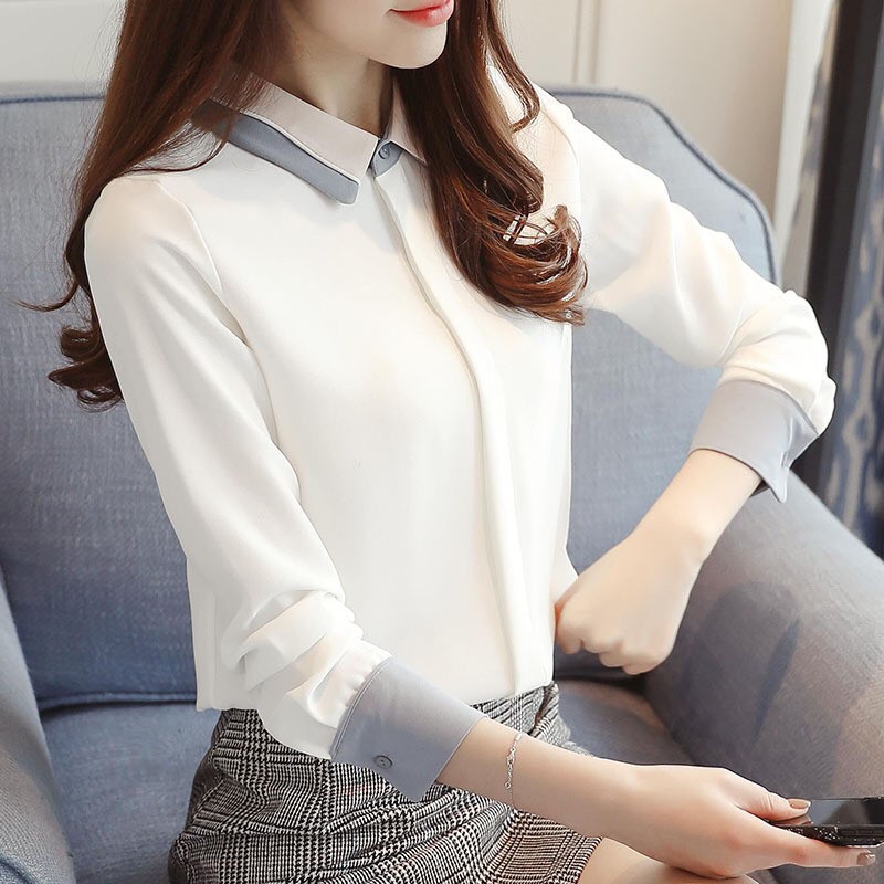 Áo sơ mi nữ kiểu công sở dài tay cổ đức phối màu ghi chất lụa mềm mát SM77 Candy Fashion