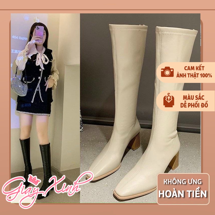 Giày bốt nữ cao cổ đế 7p khóa kéo sau, Bốt đùi nữ chất liệu da cao cấp mũi nhọn gót vạt phong cách ulzzang hàn quốc hot