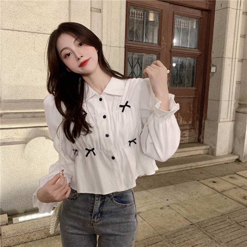 Áo sơ mi IELGY dài tay thắt nơ phong cách Hàn Quốc cho nữ
