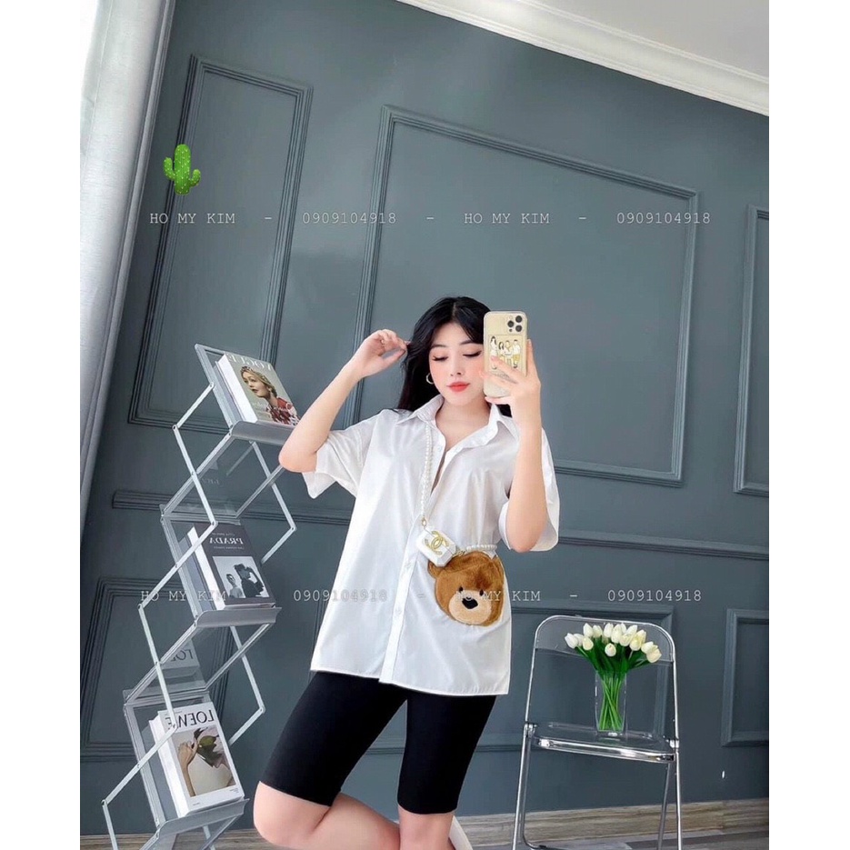 Áo sơ mi form rộng thêu mặt gấu lông cực xinh , chất kate mềm mịn