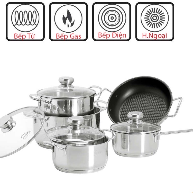 Bộ Nồi Inox Cao Cấp 5 Đáy Fivestar FSB55D001 Kèm Chảo Caro Chống Dính 24cm HÀNG CHÍNH  HÃNG BẢO HANH 5 NĂM