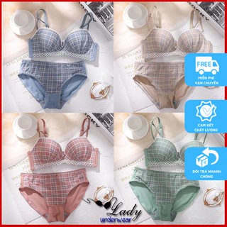 Bộ Đồ Lót Nữ Cotton Cao Cấp Phong Cách Nhật Bản, Set Đồ Lót Nữ Không Gọng Kẻ Caro Sexy New Arrivals 2021