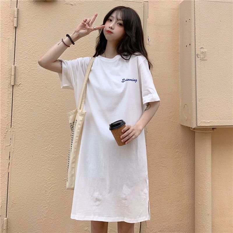 Đầm Thun Cotton Ngắn Tay Dáng Dài Qua Gối Phong Cách Cổ Điển Hàn Quốc Năm 2021 Cho Nữ