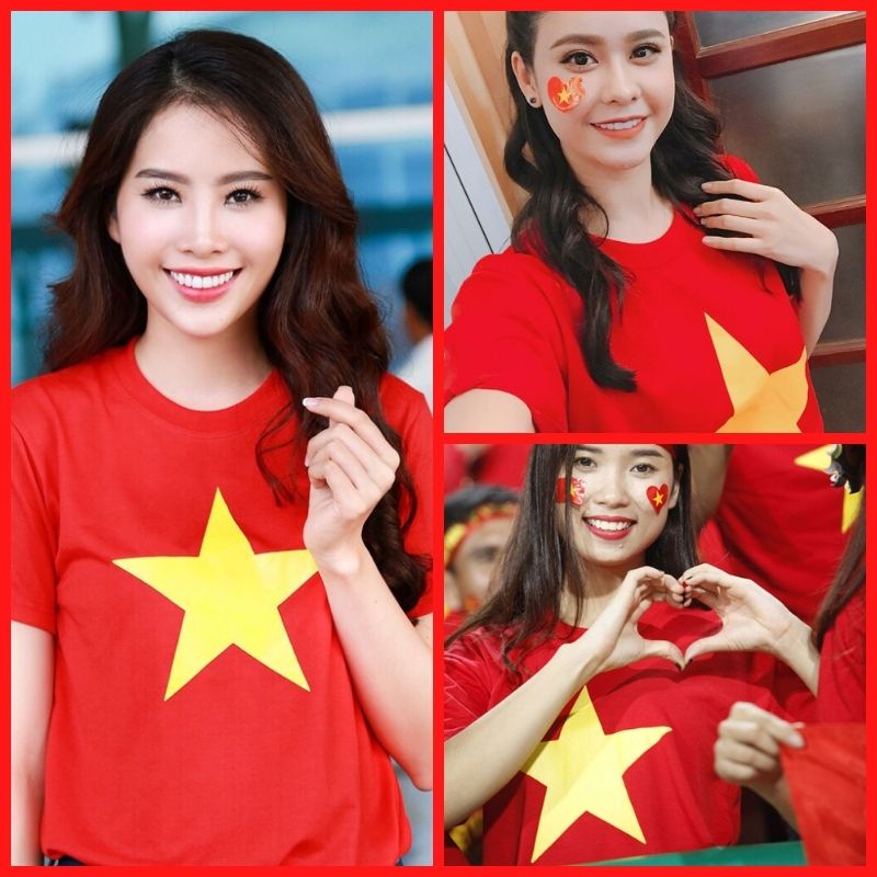 Áo Thun Đôi Nam Nữ Màu Đỏ In Hình Ngôi Sao Vàng Việt Nam PT4123