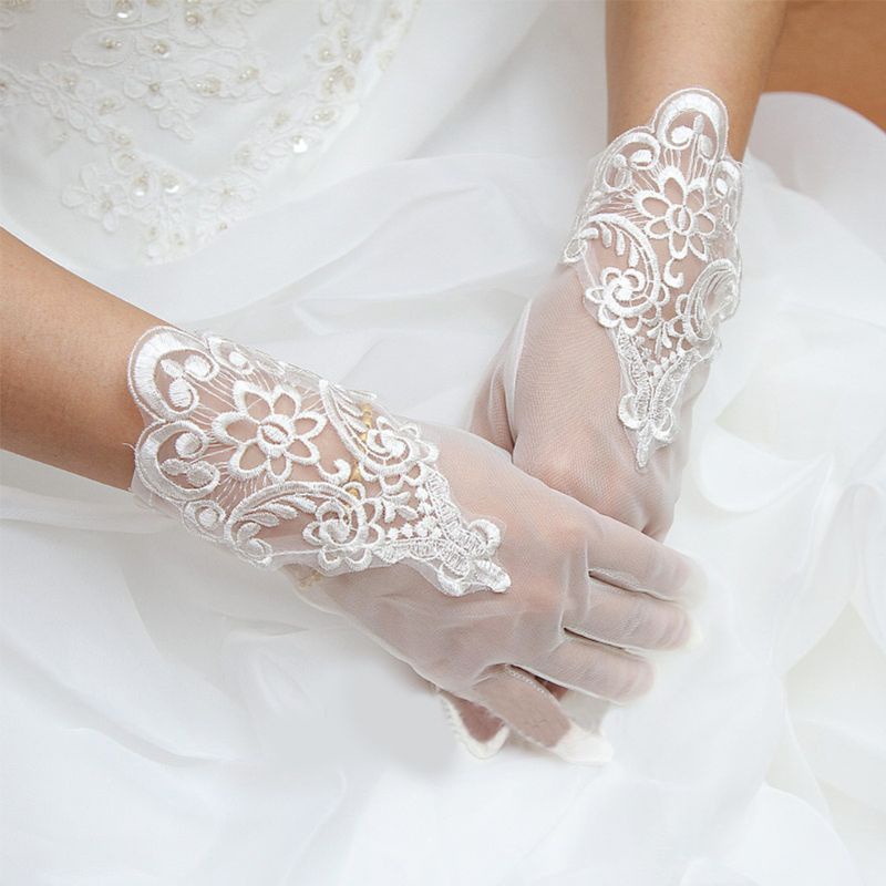 Găng Tay Chống Nắng Vải Sheer Phối Ren Thêu Hoa Phong Cách Cổ Điển Bảo Vệ Toàn Diện Dành Cho Cô Dâu