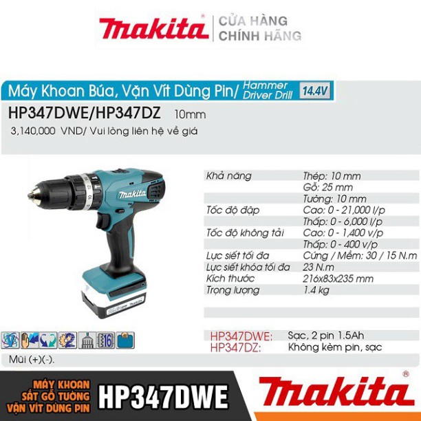 [Chính Hãng] Máy Khoan Bắt Vít Dùng Pin Makita HP347DWE (14.4V-1.5AH)