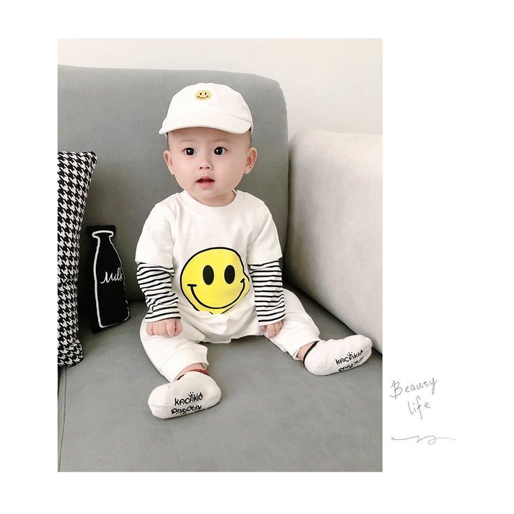 Bộ áo liền quần dài tay in hình mặt cười thời trang Hàn Quốc cho bé sơ sinh