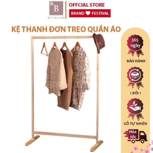 Kệ Treo Quần Áo Gỗ Thanh Đơn Gỗ Thông BTC DECOR - Kích Thước 120x76x34cm - Bảo Hành 1 Năm