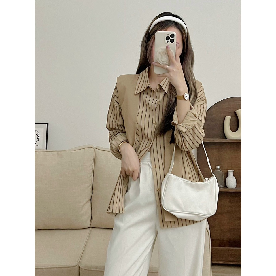 Áo sơ mi kẻ HQ kèm khăn liền áo, Áo sơ mi thủy thủ kiểu cổ quàng khăn phong cách đơn giản năng động