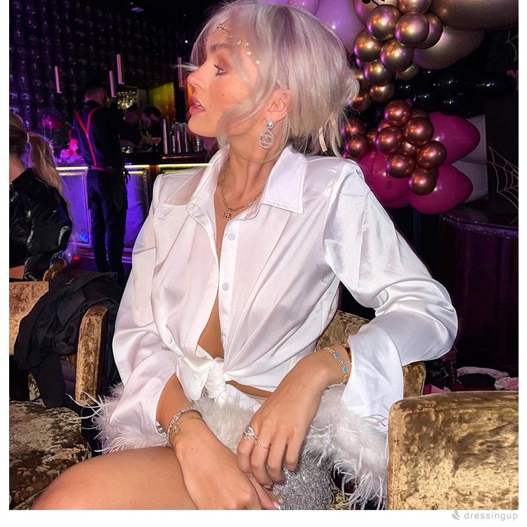 Áo sơ mi tay dài cổ bẻ thắt nút màu trắng thời trang mùa thu cho nữ