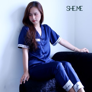 Đồ bộ ngủ lụa mặc nhà cao cấp xanh lam Sheme