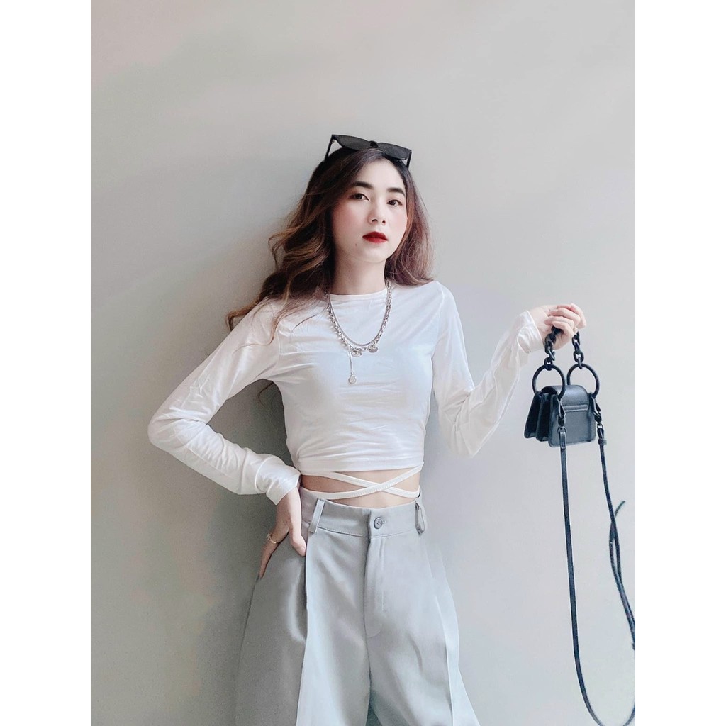 Áo thun croptop cột dây quanh eo JOY BABE 🤍 style sexy, mix đồ cực chất ✌ màu trắng đen trơn basic, tay dài CROD 41 -2A