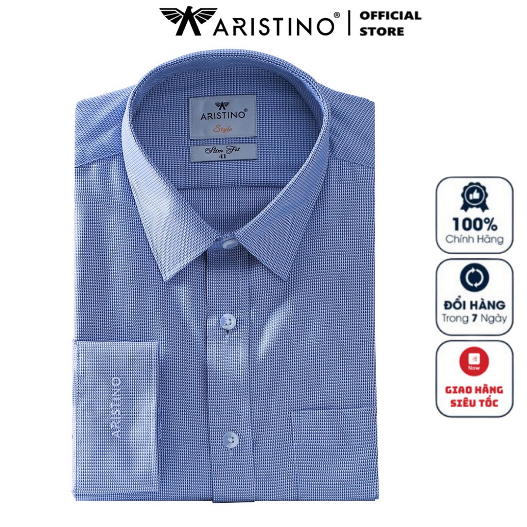Áo Sơ Mi Nam Tay Dài Aristino ALS31107 Màu Xanh Móc Tam Giác Kiểu Dáng Slim Fit Chất Liệu Sợi Sồi