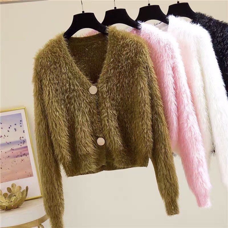 Áo khoác cardigan len lông cổ tim 2 cúc