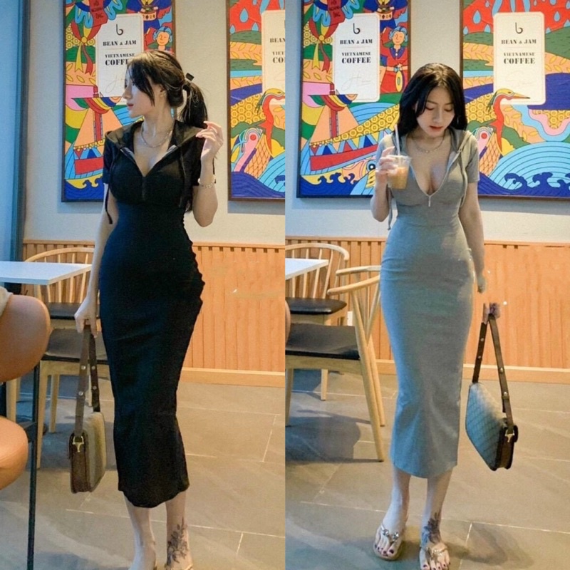 Đầm Body Maxi Xẻ Tà Khoá Kéo Có Nón