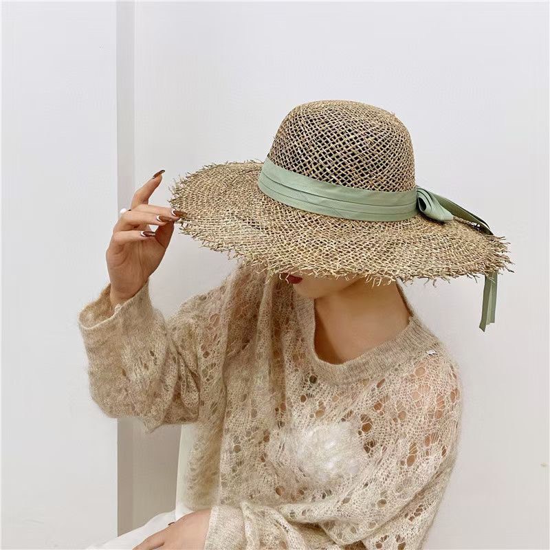 Mũ cói nữ rộng vành đai nơ cao cấp phong cách vintage