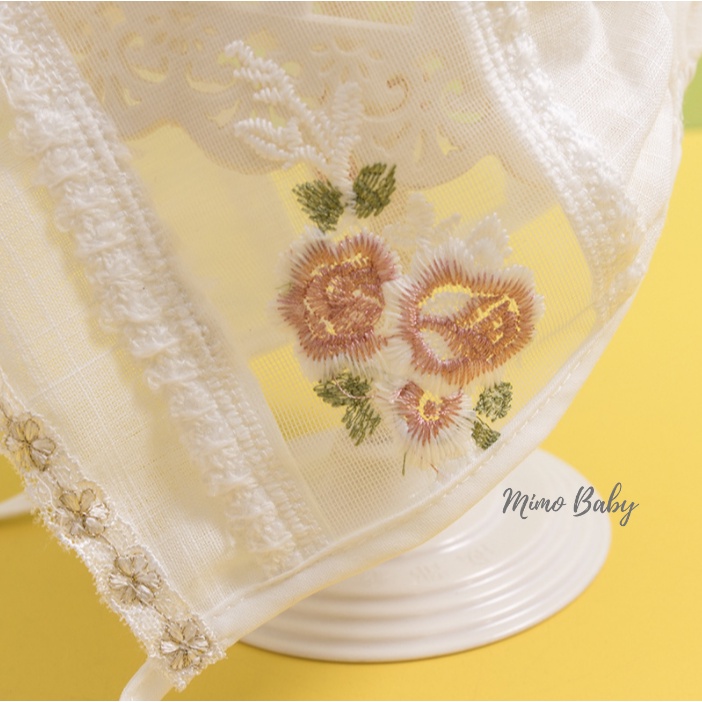 Mũ nón tiểu thư vải đũi phối ren thêu hoa xinh xắn cho bé gái MTT141 Mimo Baby