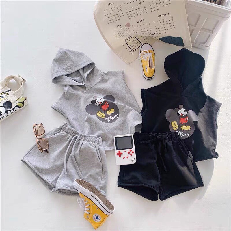 Bộ Hoodie Ba Lỗ Cho Bé Trai Và Bé Gái In Hình Chuột Mickey ( Hàng Có Sẵn)