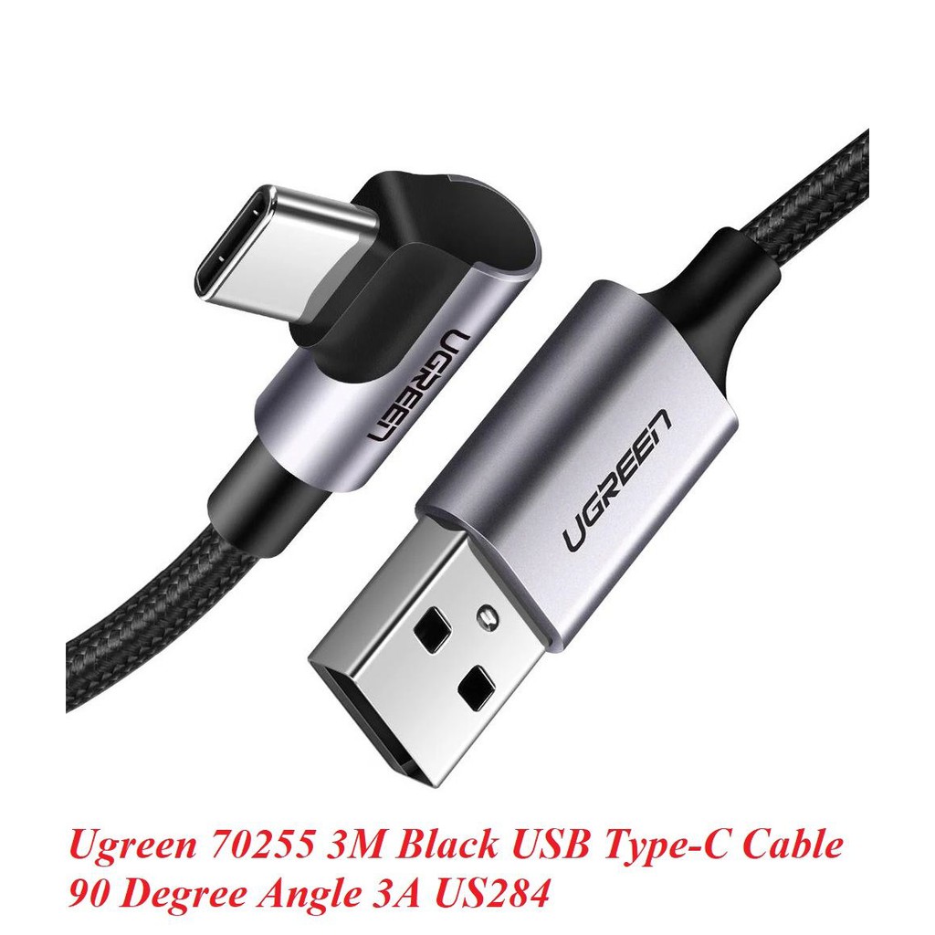 Ugreen 70255 3M màu đen cáp USB đầu Type-C bẻ góc 90 độ 3A US284