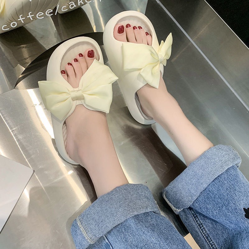 Dép đi nhà, dép quai ngang nữ chất cao su siêu nhẹ đính nơ vải đế bằng chống trơn cực xinh hàng sẵn