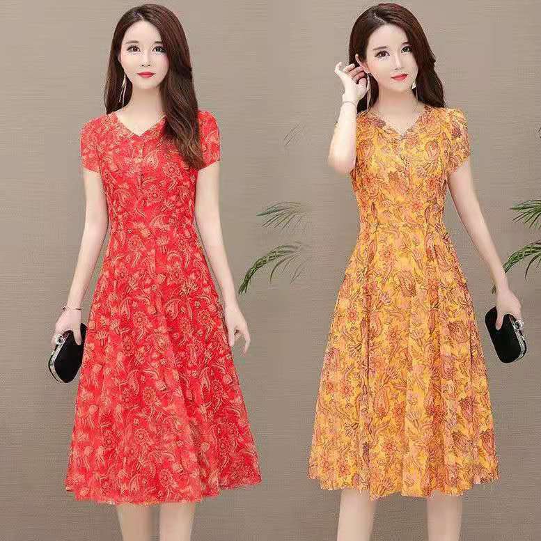 (PE012)Đầm dáng xòe họa tiết lạ cổ chữ V tay ngắn