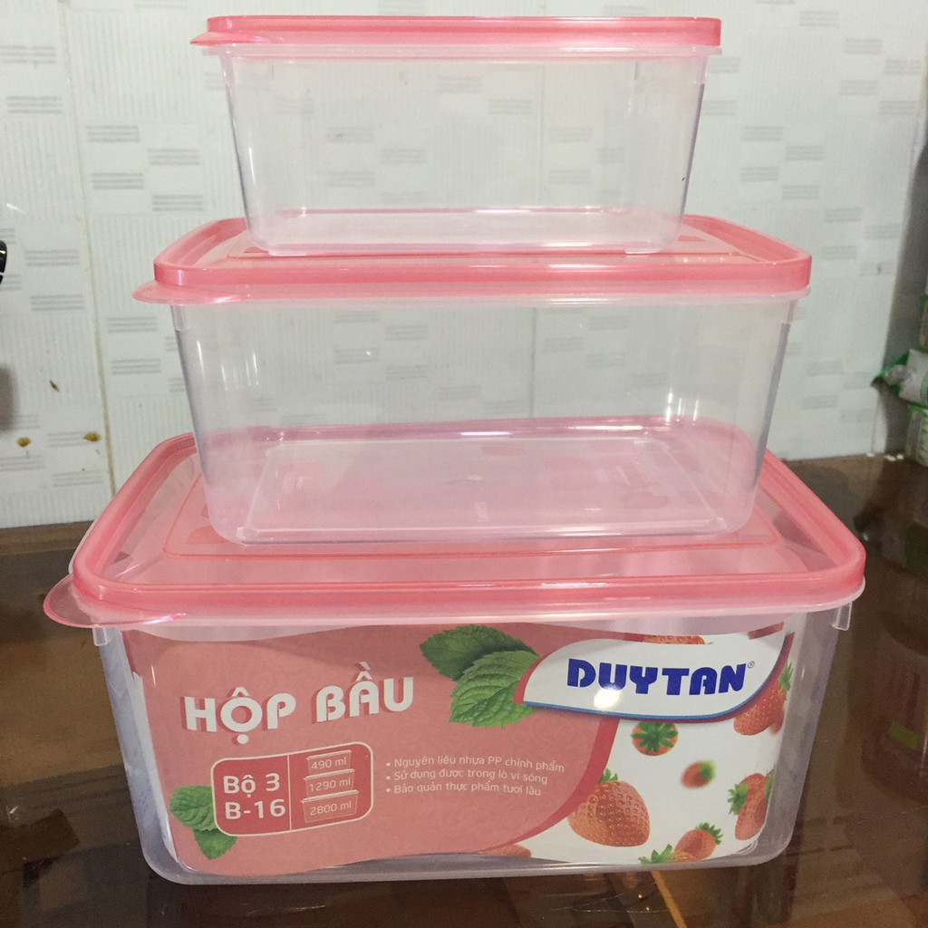 Bộ 3 hộp bầu Duy Tân dung tích 490ml - 1300ml - 2800ml đựng thực phẩm an toàn/Bộ hộp đựng thực phẩm để tủ lạnh có nắp gà