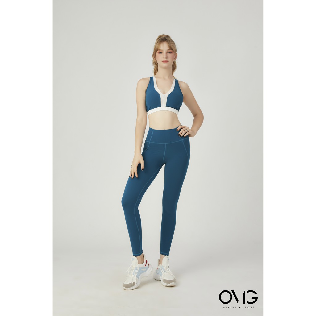 Bộ đồ tập Gym, Yoga Nữ BIKINI PASSPORT kiểu quần dài áo bra cổ V phối lưới- màu Xanh da trời - BG086_BU