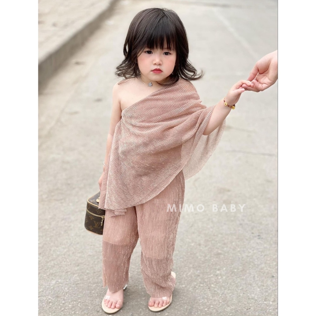 Set áo váy lệch vai voan nhũ dập ly đáng yêu cho bé gái Mimo baby QA20