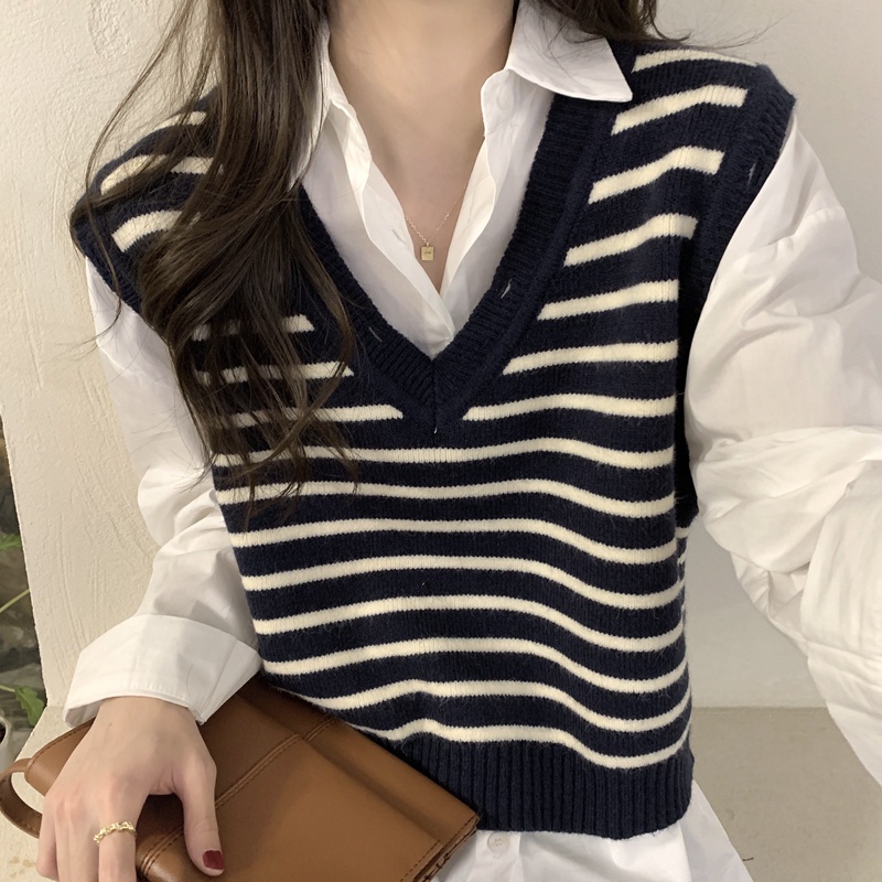 Áo dệt kim SUXI không tay dáng rộng họa tiết kẻ sọc phong cách Hàn Quốc thời trang mùa thu cho nữ