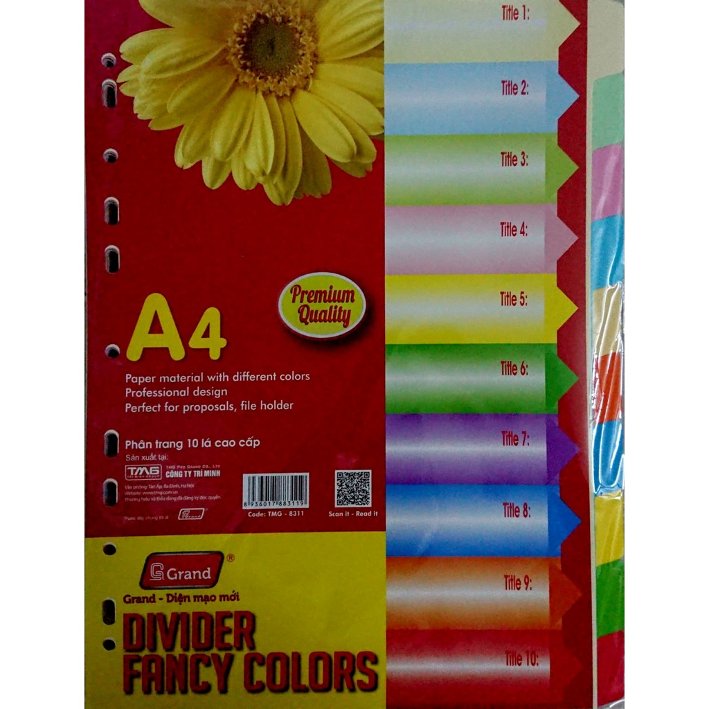 1 Xấp Bìa phân trang giấy 10 màu GRAND