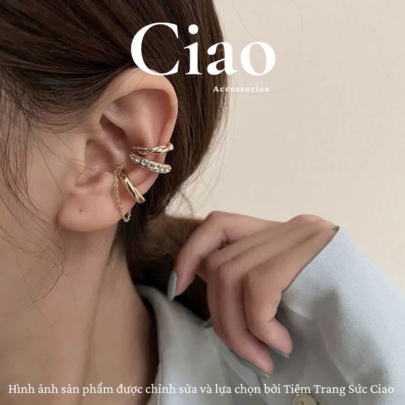 [NEW ITEMS] Set 3 khuyên vành tai/ kẹp vành tai mạ bạc không xỏ lỗ thiết kế trendy đính đá mã 21 Ciao accessories