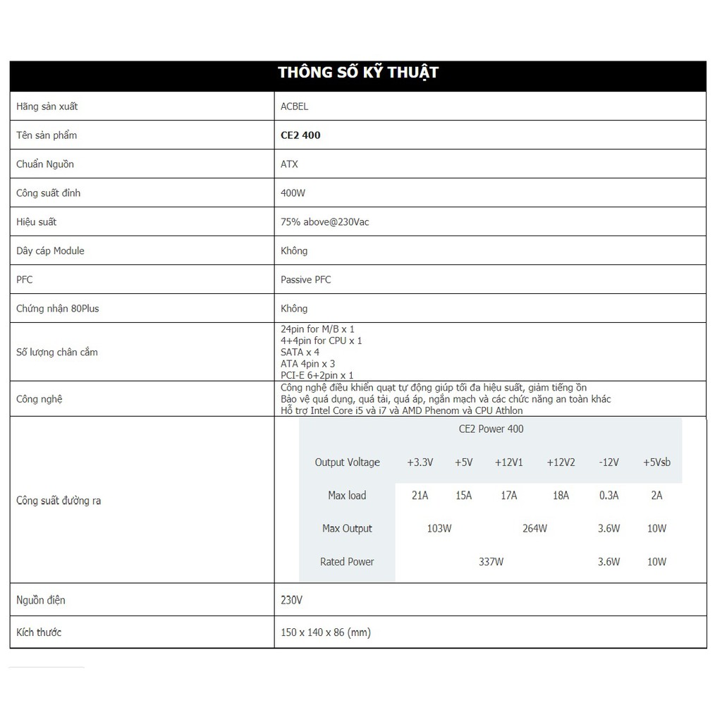 Nguồn Vi Tính PC Acbel CE2 400W + Nguồn Phụ 6 pin VGA + Dây Nguồn