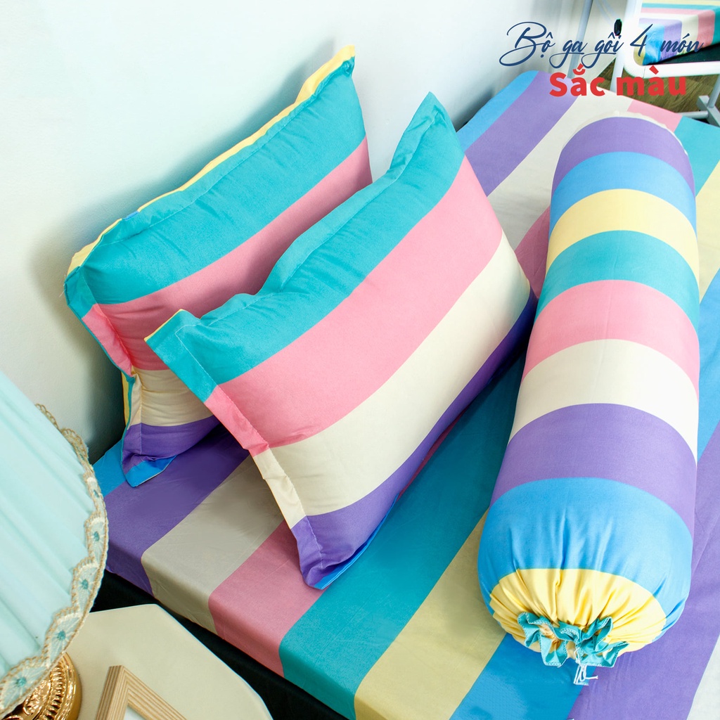 Bộ Ga Gối Poly Cotton Felicia 3 Món Mẫu KẺ CẦU VỒNG m2/m6/m8/2m2, Drap Bo Chun + 2 Vỏ Gối Poly Cotton