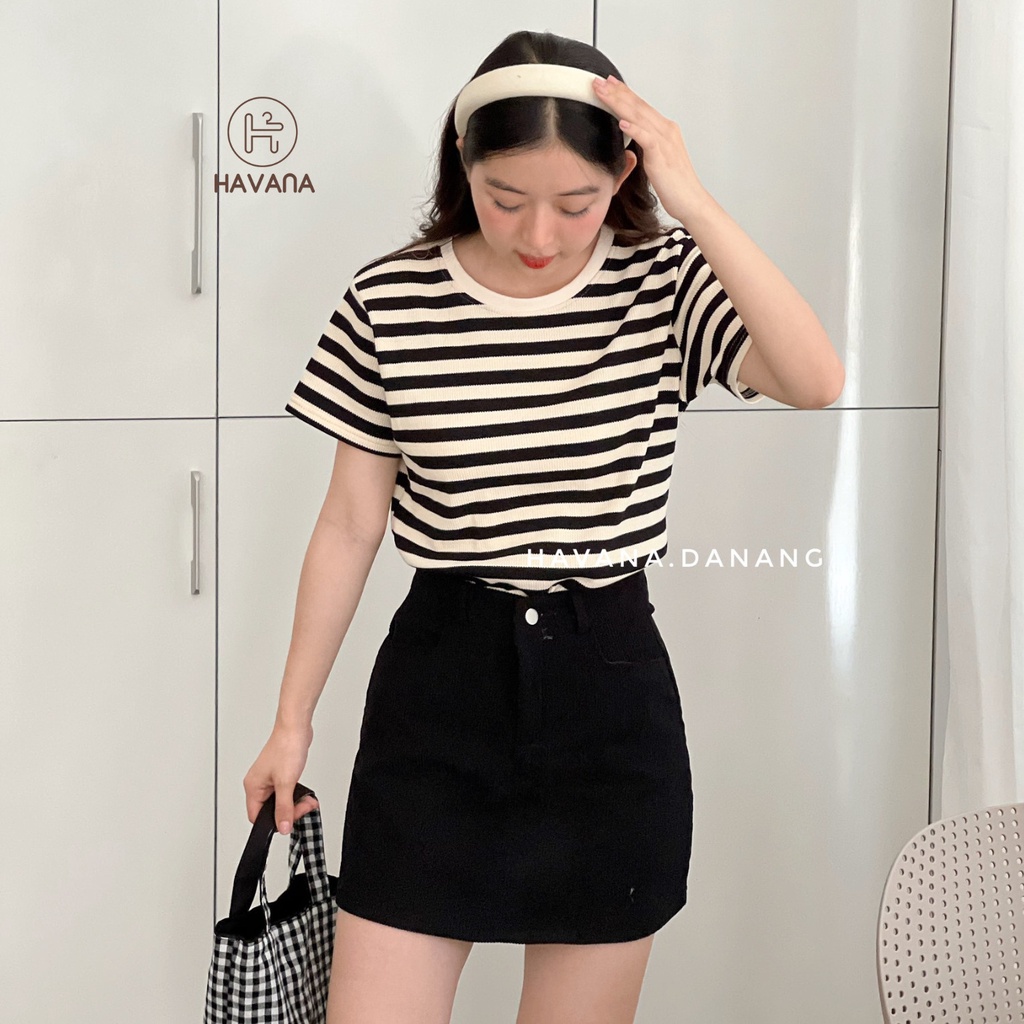 Áo thun nữ ngắn tay cổ tròn kẻ sọc, áo dệt kim co giãn phong cách Hàn Quốc AE213