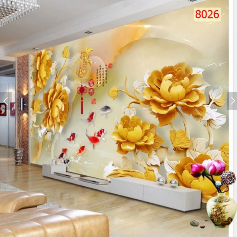 Tranh dán tường phòng khách, hoa mẫu đơn 3D in Vải Lụa 1m2x0.8m