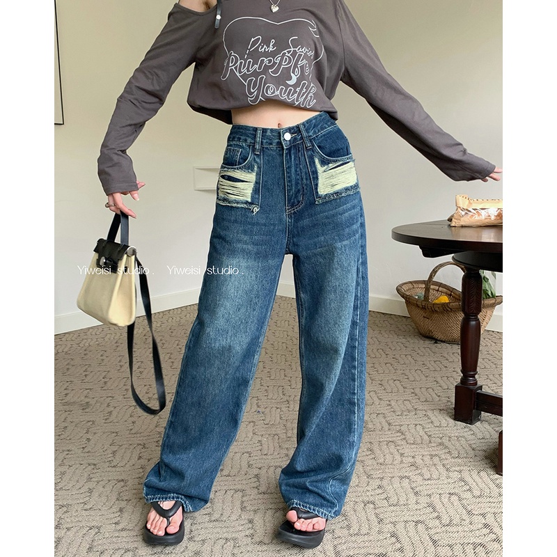 Quần Jean Dài Dáng Rộng Ống Suông Phối Vải Rách Thời Trang Mùa Thu