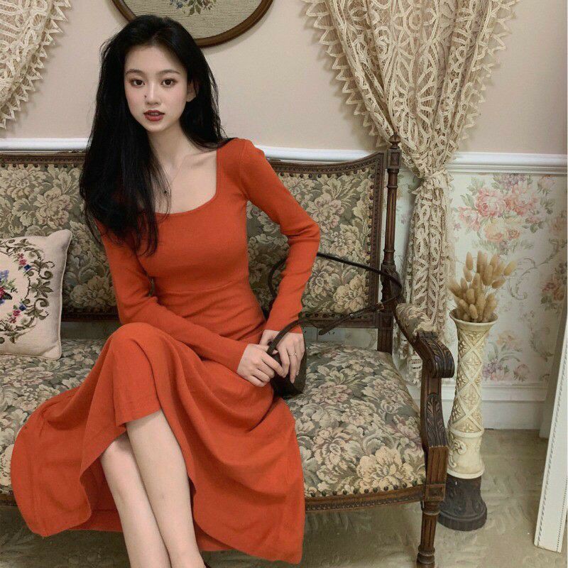 [ORDER TAOBAO] VÁY BODY / ĐẦM BODY NỮ CỔ VUÔNG DÀI TAY DÁNG XUÔNG THUN LEN TĂM ĐEN CAM