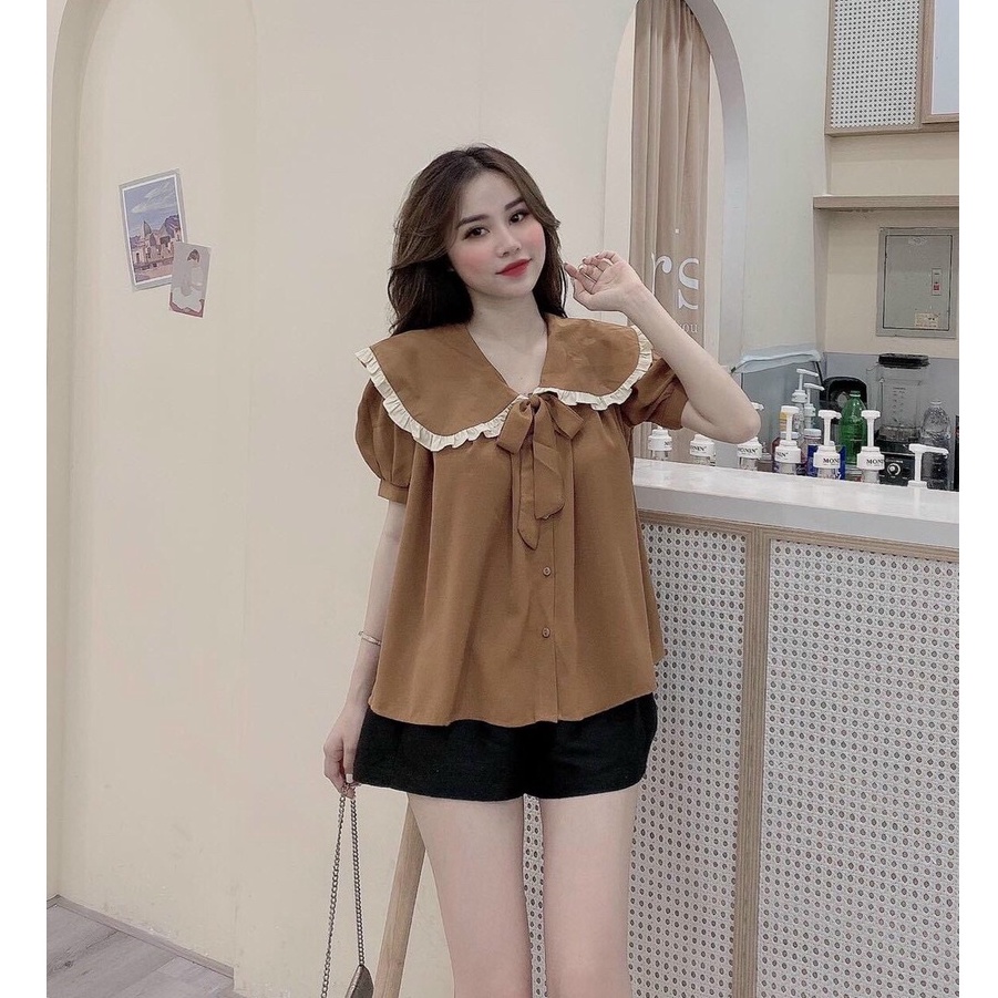 Set đồ bộ đùi nữ áo cổ bèo viền trắng cột nơ dễ thương mặc ở nhà