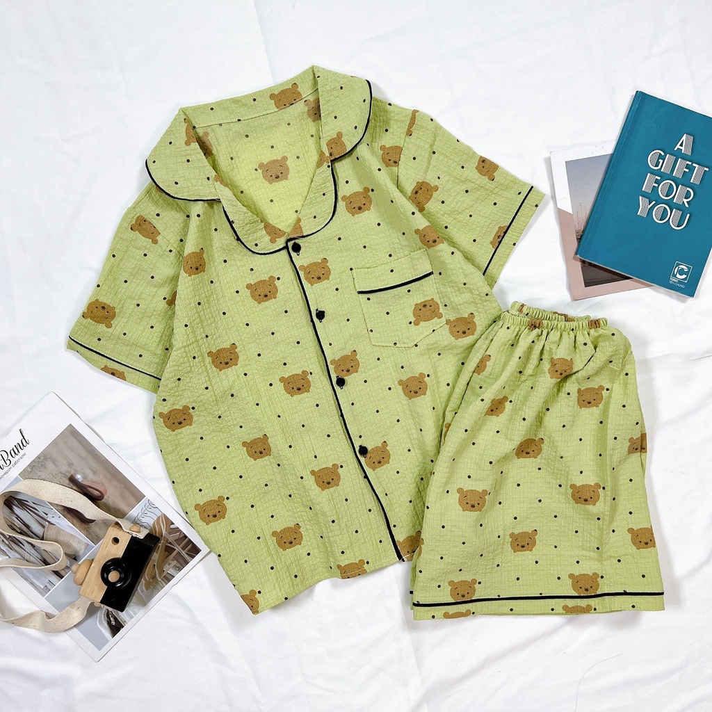 Bộ ngủ pijama mặc nhà cộc tay họa tiết trái cây dễ thương chất đũi xốp thoáng mát thấm hút mồ hôi - P01