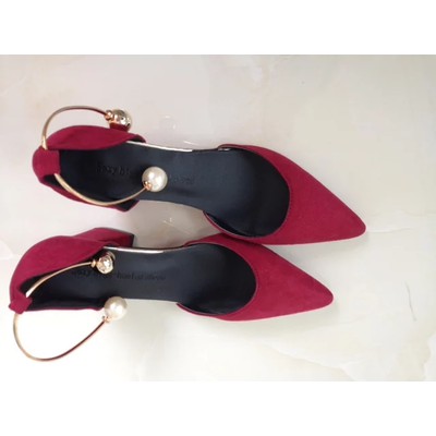 Giày cao gót nữ, quai cài, sexy, mũi nhọn, gót thô, chất nhung