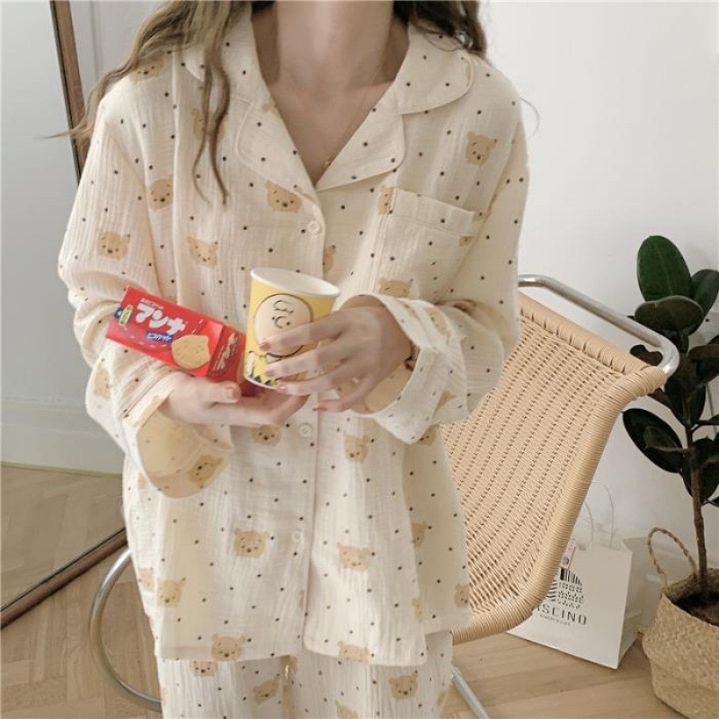 Bộ Pijama chất đũi xốp hoạ tiết gấu PU chấm siêu xinh Hàng Áo dài Và Cộc