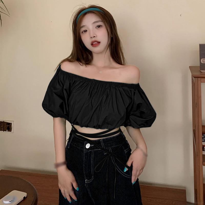 Áo crop top tay ngắn trễ vai phong cách Hàn Quốc quyến rũ cho nữ<br />